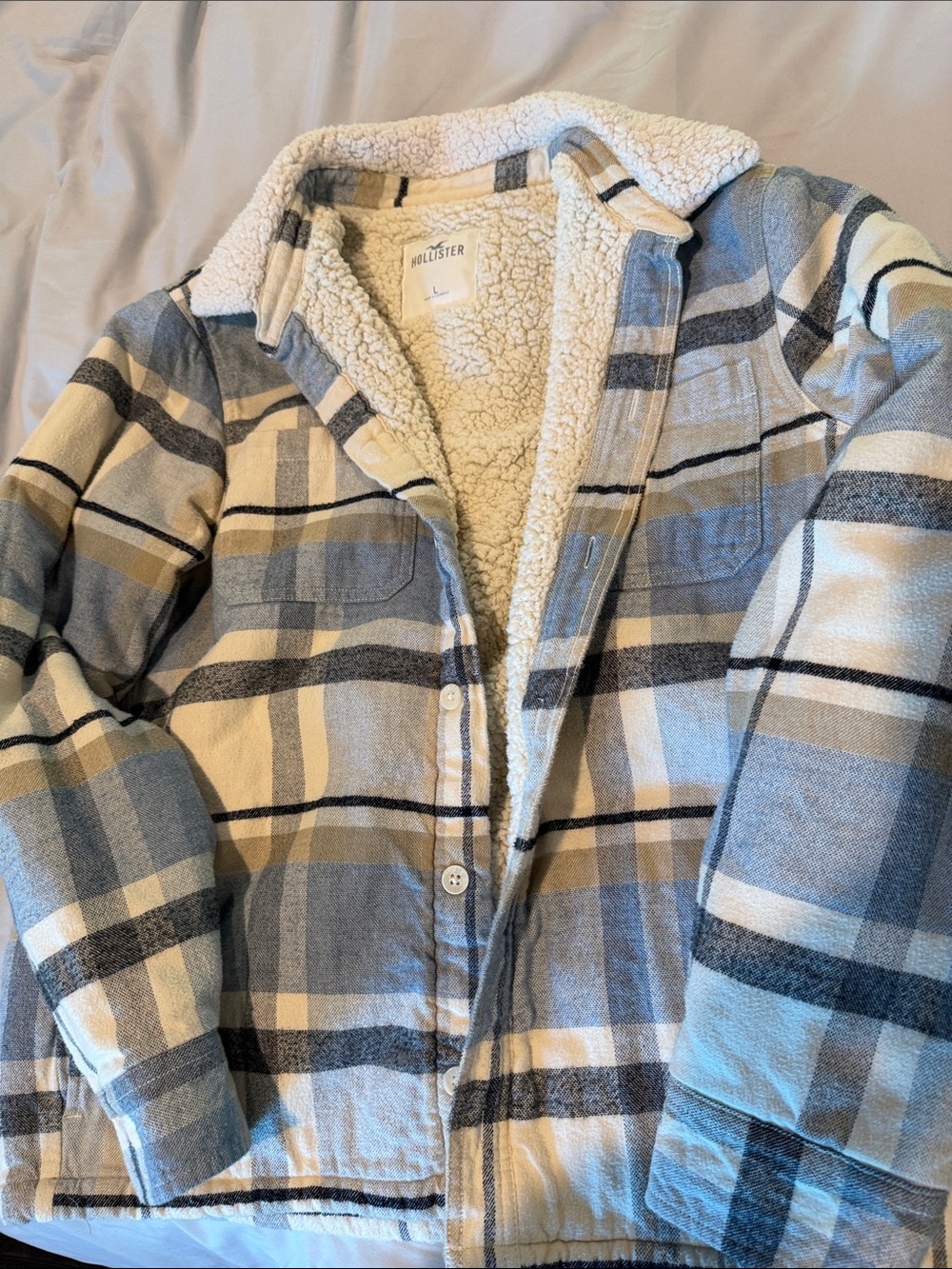 Hollister Blue, Cream & Gray Sherpa-Lined Plaid Shirt Jacket